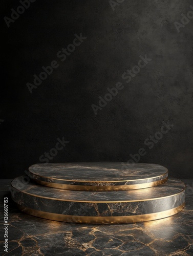 dark stone podium with golden trim, against a black background.