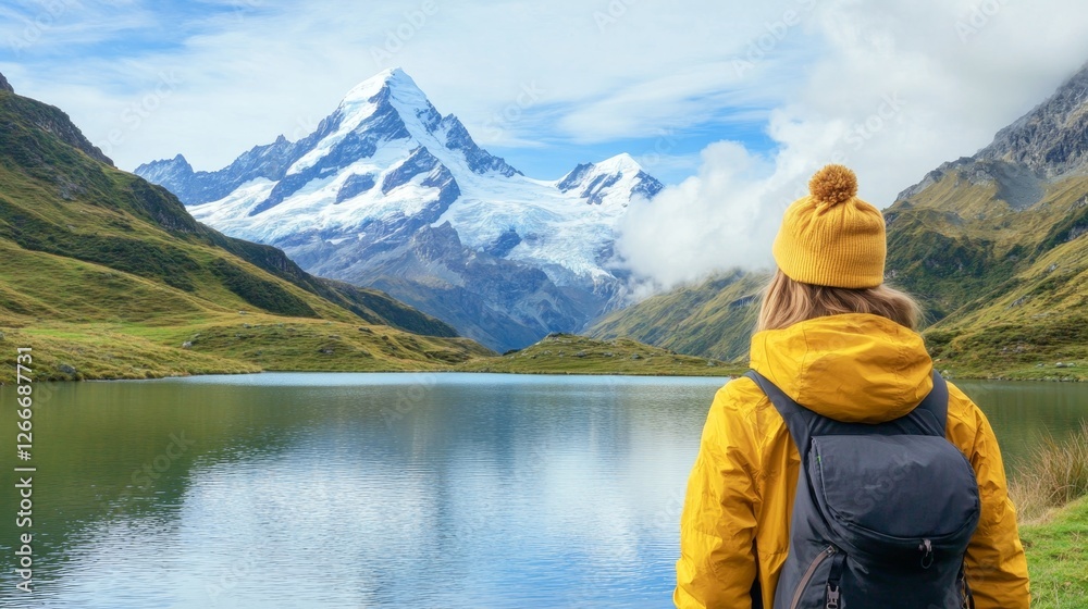 Woman in fashionable hiking attire gazes at a breathtaking mountain lake surrounded by hills and peaks Woman in fashionable hiking attire gazes at a breathtaking mountain lake surrounded by hills and peaks