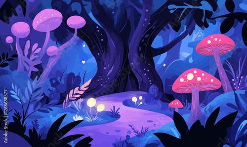 Magical Enchanted Forest with Glowing Mushrooms and Mystical Creatures in Minimalist Vector