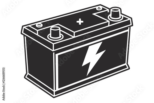  A simple, minimalist icon of a battery, depicted as a black rectangle with a white lightning bolt in the center, symbolizing power. The battery has a small, rounded top and a thick, solid outline. 