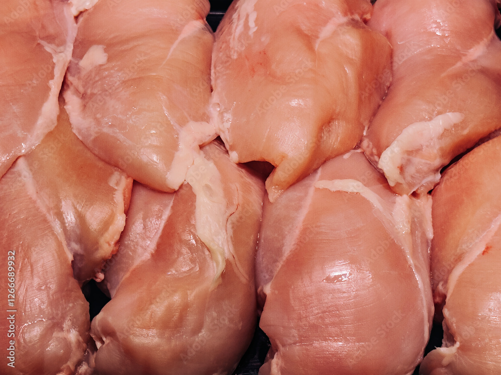 Fresh chicken thighs ready for cooking at a local butcher shop in the afternoon light Fresh chicken thighs ready for cooking at a local butcher shop in the afternoon light