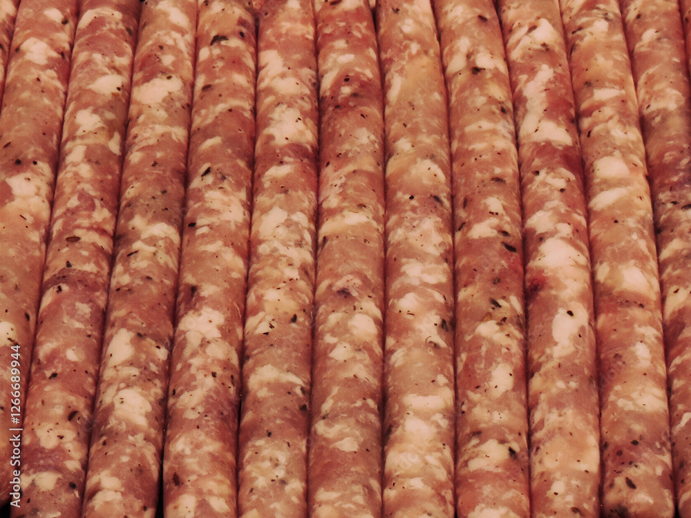 Freshly prepared sausages lined up on a wooden surface for an upcoming barbecue or culinary event Freshly prepared sausages lined up on a wooden surface for an upcoming barbecue or culinary event