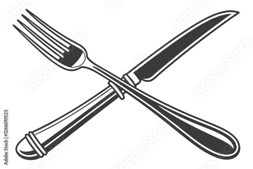  A simple, minimalist illustration of a fork and knife, both black and outlined in white, on a white background. The fork has four tines and the knife has a rounded tip. The objects are centered and