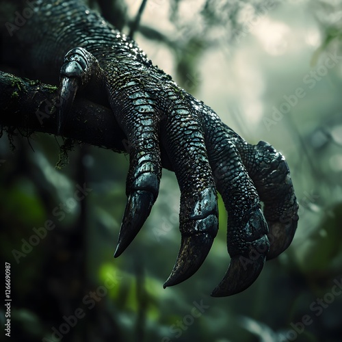 A detailed shot of an iguana’s clawed feet gripping a branch while climbing through the dense rainforest. photo