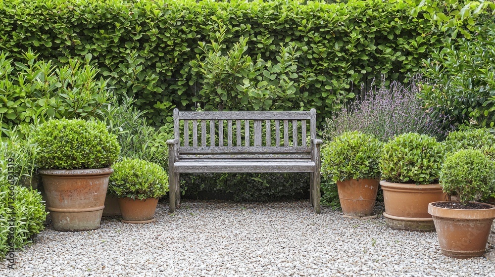 Fototapeta premium Serene Garden Bench Scene: A Tranquil Garden Escape