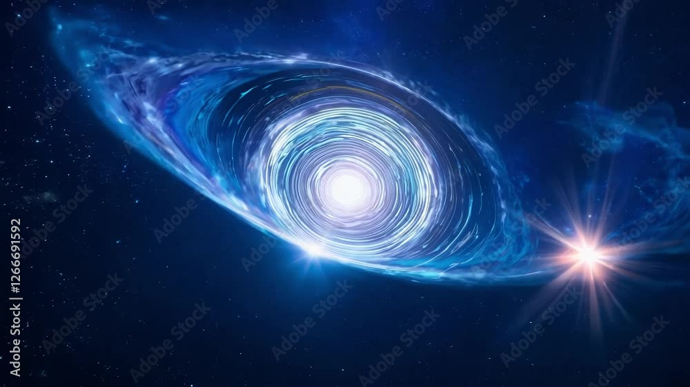 Backlit video, zoom out, iridescent spiral portal materializing, deep midnight blue starry sky, radiating beams of light, illuminate distant celestial bodies