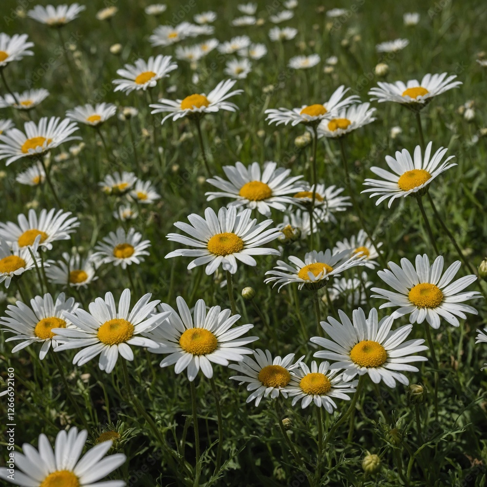 A cluster of white daisies blooming in a green meadow. A cluster of white daisies blooming in a green meadow.