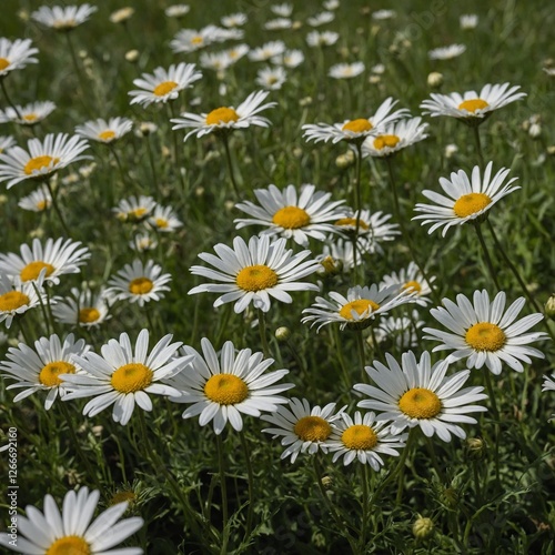 A cluster of white daisies blooming in a green meadow.