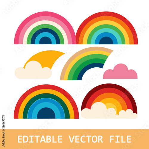 Cute rainbow with clouds and stars, colorful rainbows for children. Cartoon kids nursery decoration, baby shower print design elements vector set