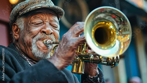 Joyful Musician Playing Trumpet on a Vibrant Street Filled with Life and Colorful Atmosphere