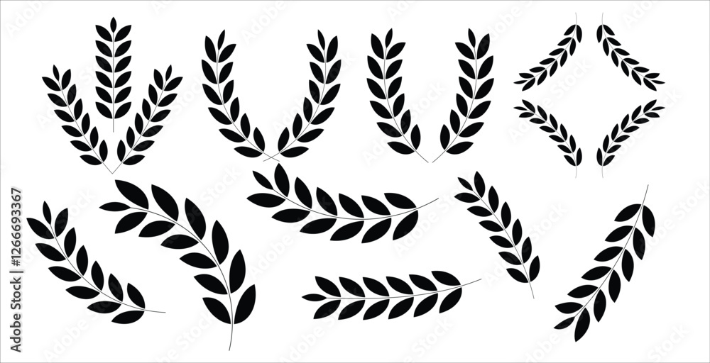 Laurel wreath Set, Black circular laurel olive branches greek wreath. Black Chaplet Nominate Winner Silhouette Icon Set. Trophy crest. Greek olive branch award, winner round emblem Laurel wreath Set, Black circular laurel olive branches greek wreath. Black Chaplet Nominate Winner Silhouette Icon Set. Trophy crest. Greek olive branch award, winner round emblem