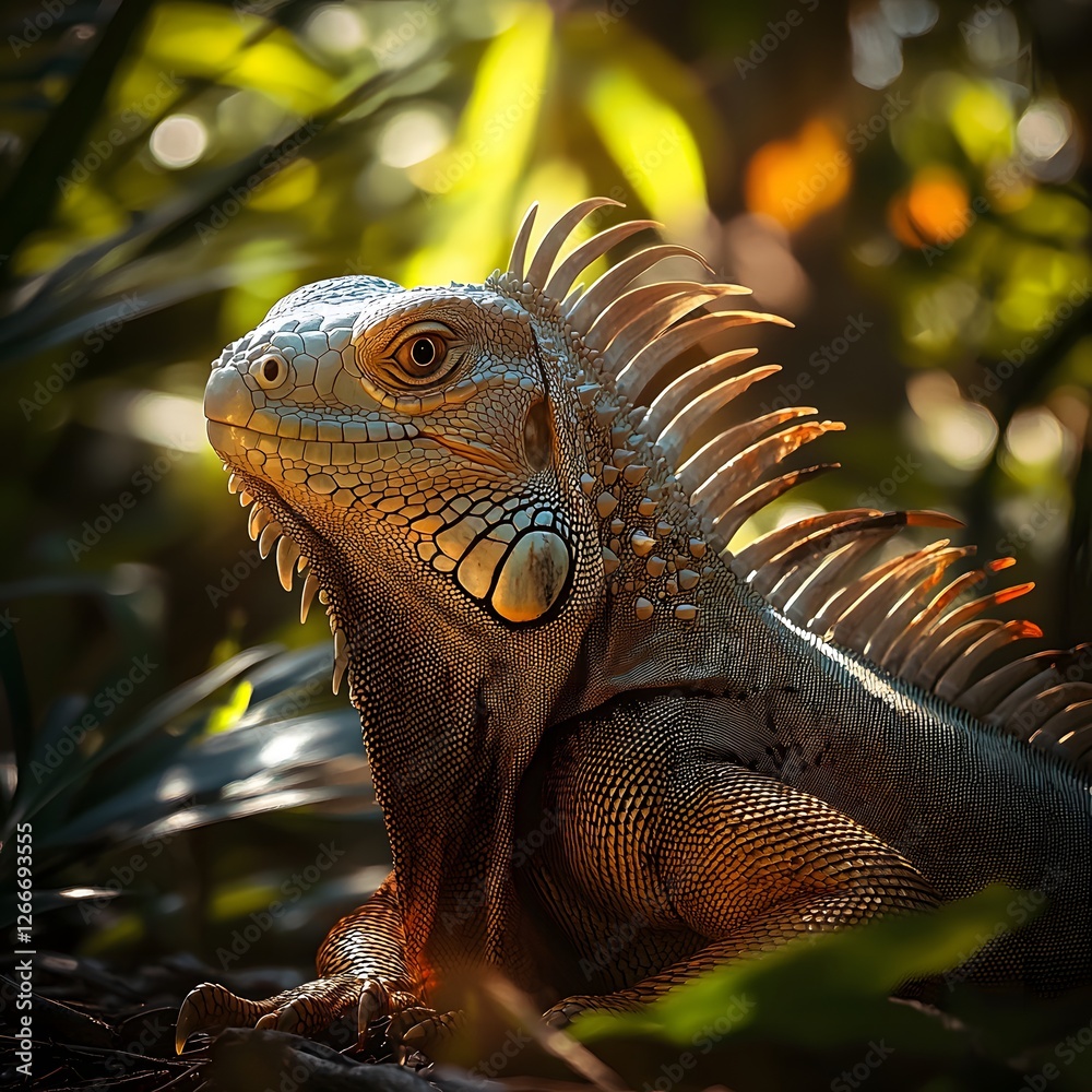 Fototapeta premium A serene iguana in its natural habitat, basking under the sun with the forest's exotic wildlife in the background.