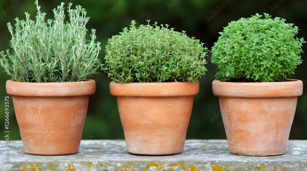 Three Potted Herb Plants in Terracotta Pots Displayed Together on a Wooden Surface Three Potted Herb Plants in Terracotta Pots Displayed Together on a Wooden Surface