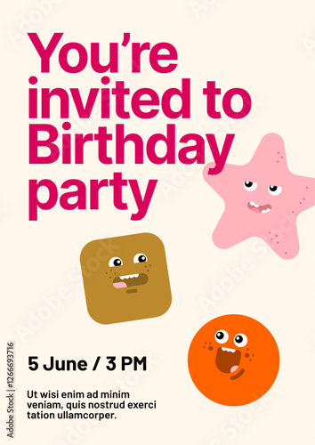 Birthday invitation layout template. Design with colorful cartoon characters for your flyer, poster, cover, brochure or banner.