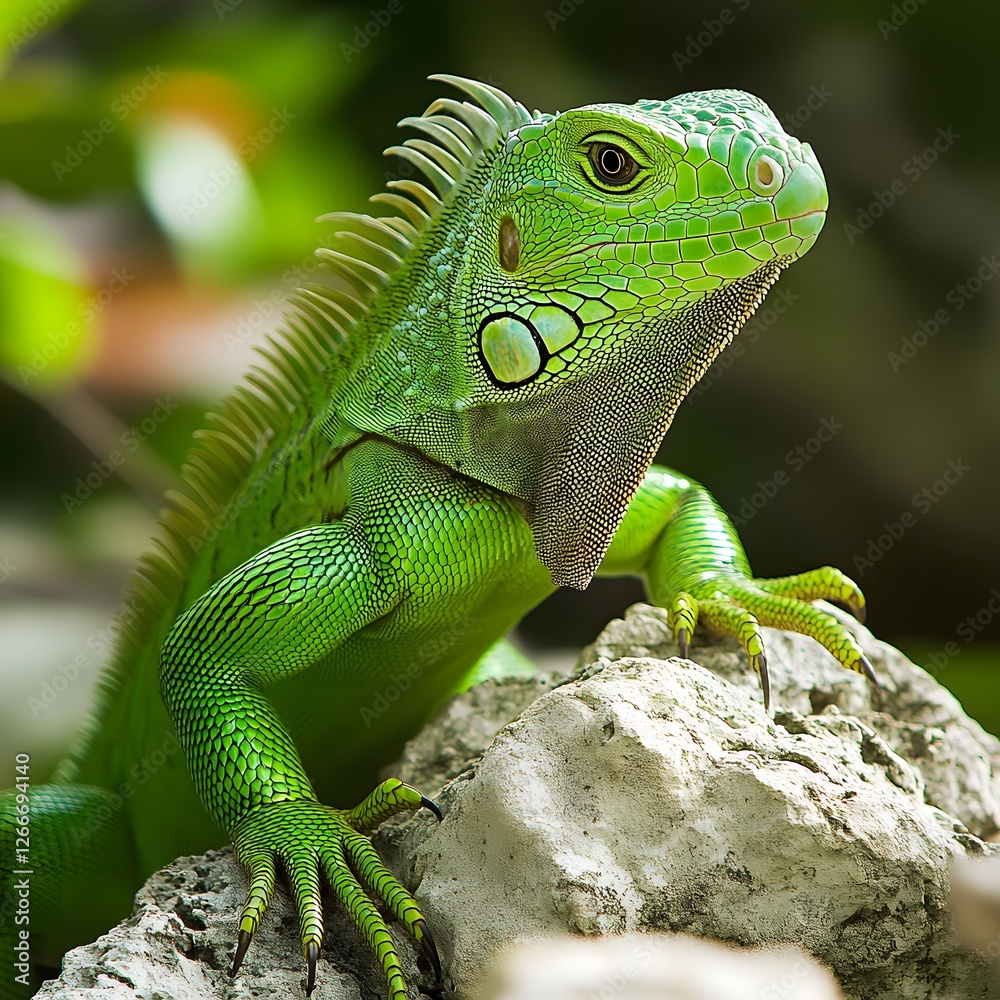 Fototapeta premium A slow-moving iguana with bright green skin, gracefully climbing over rocks in its lush, tropical habitat.