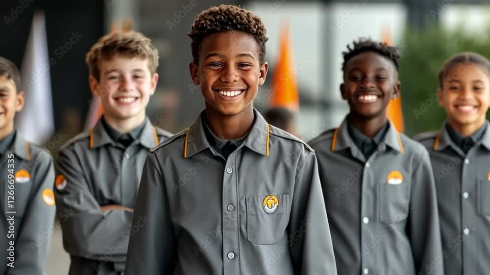 Smiling Team of Young People: A diverse group of smiling young men, dressed in grey and yellow uniforms, look straight ahead in this photo, portraying a sense of unity, teamwork, and camaraderie. Smiling Team of Young People: A diverse group of smiling young men, dressed in grey and yellow uniforms, look straight ahead in this photo, portraying a sense of unity, teamwork, and camaraderie.