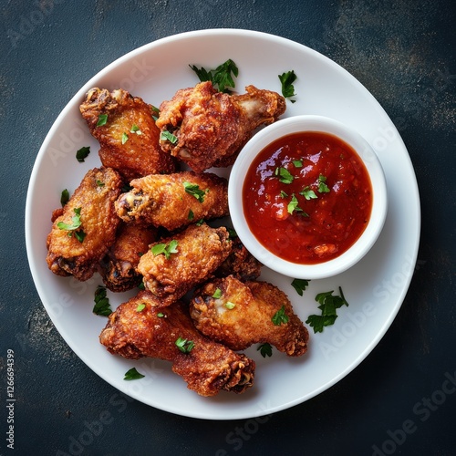 Fried chicken wing with tomato sauce, top view, dark background, food photography for ads