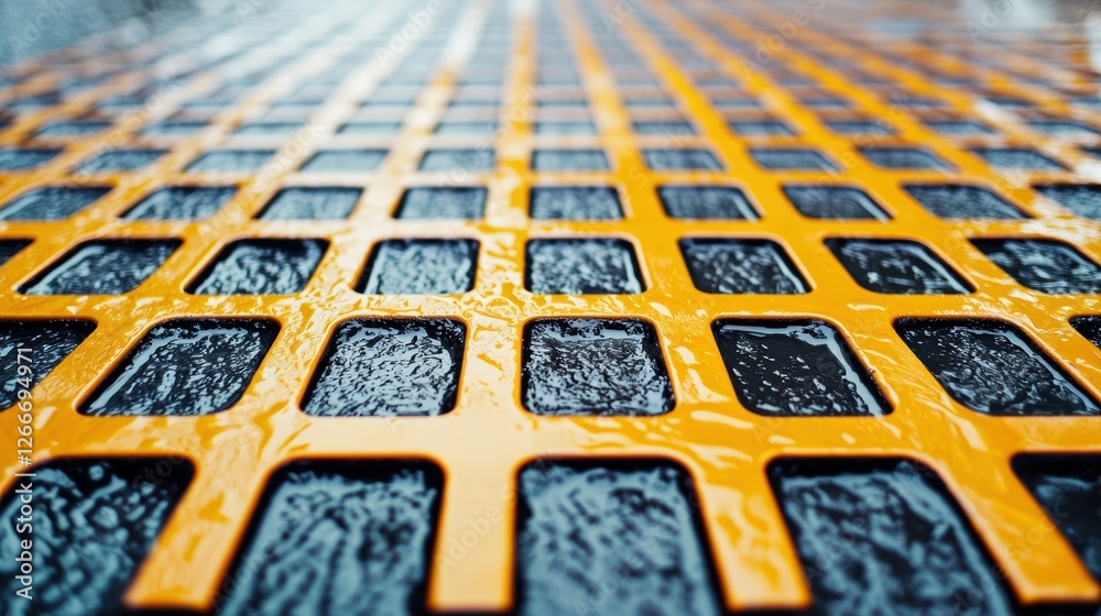 Obraz premium A close-up view of a wet, textured surface with a grid pattern, featuring orange and black colors.