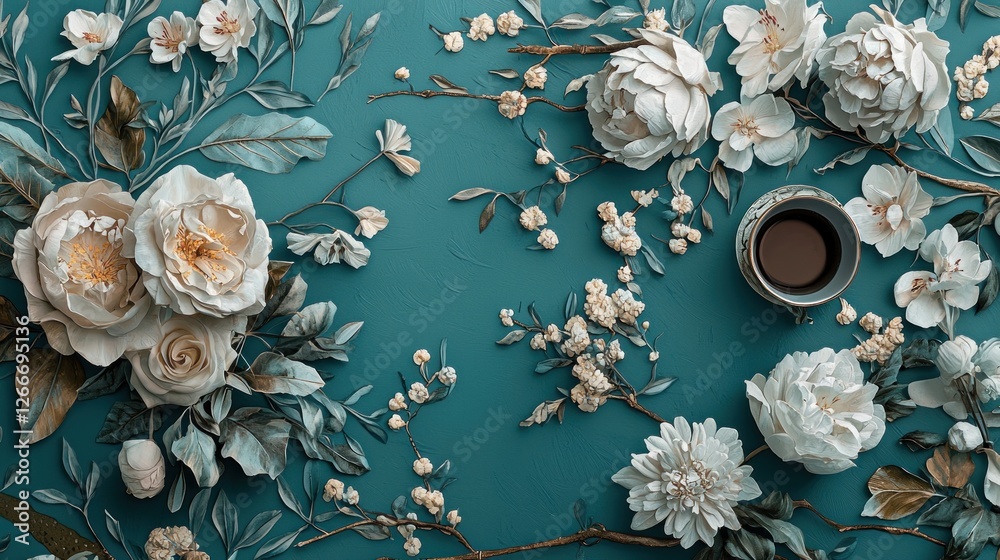 Obraz premium Serene Teal Floral Arrangement with Coffee