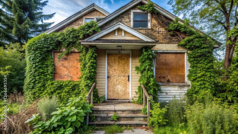 A boarded up house with a broken front door and overgrown vegetation surrounding it in a suburban neighborhood A boarded up house with a broken front door and overgrown vegetation surrounding it in a suburban neighborhood