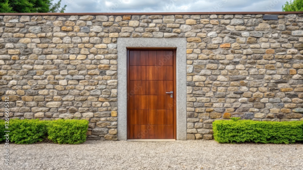 Fond de mur en pierre avec gravier devant la porte, stone wall, front yard Fond de mur en pierre avec gravier devant la porte, stone wall, front yard