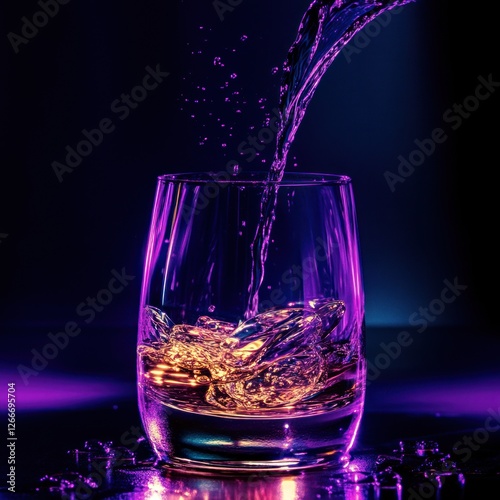 Wisky poring into glass, dark background, food photography for ads