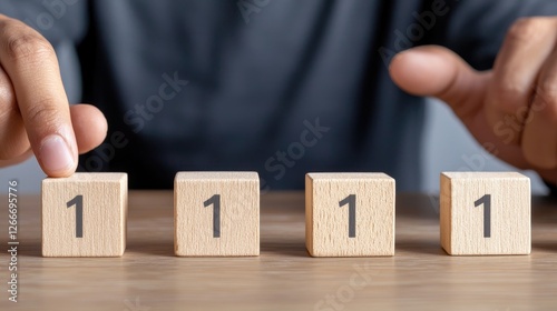 A close-up of hands adjusting wooden blocks marked with the number one, symbolizing success and achievement in business.
