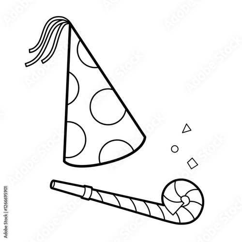 Party hat and whistle. Birthday. Simple outline vector illustration, isolated on white background.
