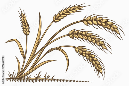  Golden wheat stalks, ripe grain ears, harvest season, organic cereal, agricultural bounty, natural textures, warm tones, detailed botanical illustration, white background, studio lighting, close-up