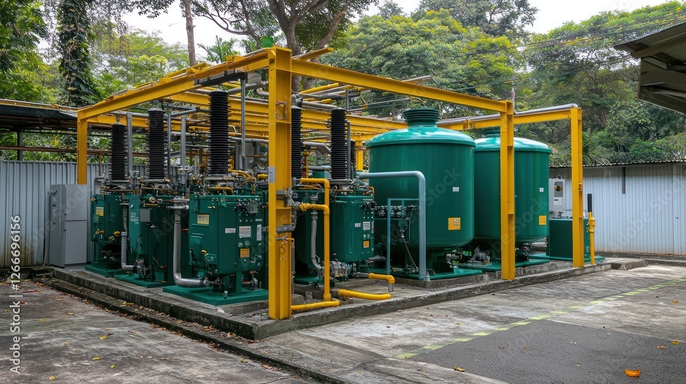 Industrial Machinery in Green and Yellow at Outdoor Facility Industrial Machinery in Green and Yellow at Outdoor Facility