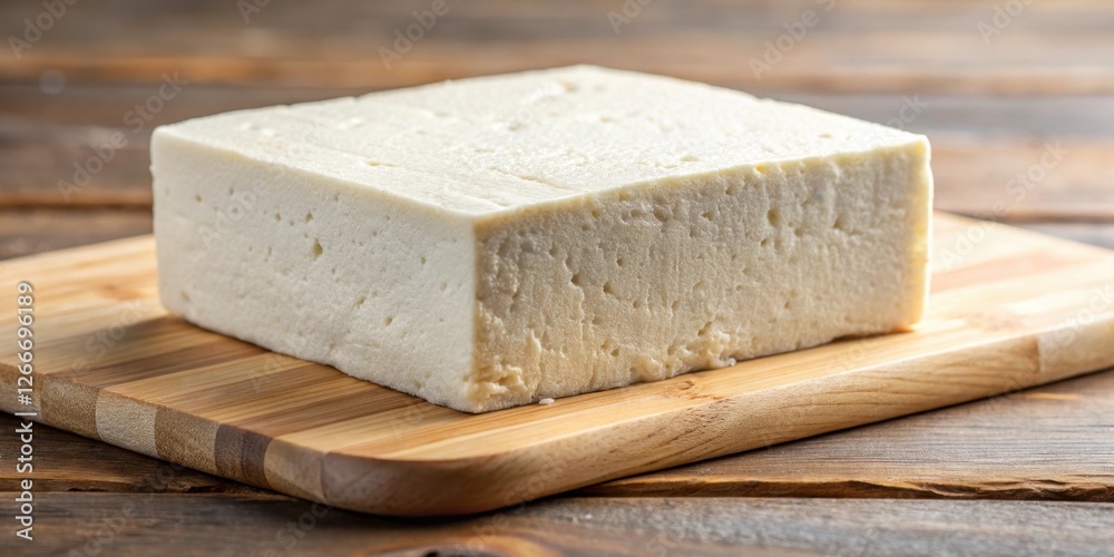 Soft white block of homemade tofu cheese sits on a wooden cutting board, with a slight sheen from being freshly prepared , homemade, dairy product Soft white block of homemade tofu cheese sits on a wooden cutting board, with a slight sheen from being freshly prepared , homemade, dairy product