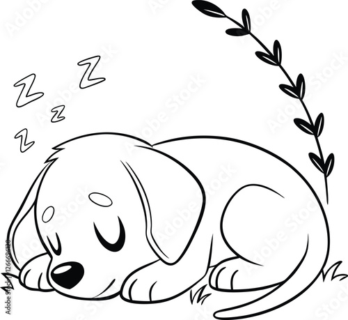 Adorable Sleeping Puppy Dog Outline Drawing, Zzzs, Cute Canine