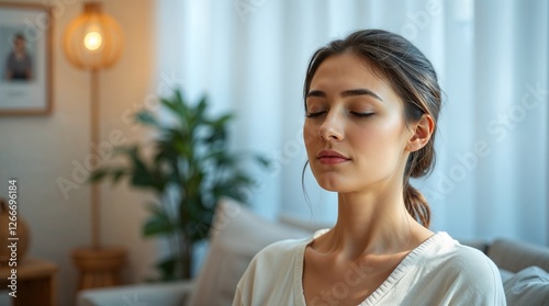 Free Download A young woman with light skin, closed eyes, and relaxed posture meditates. - GFXLoad