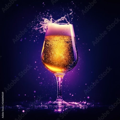 Beer poring into beer glass, violet lighting tone background. food photography for ads