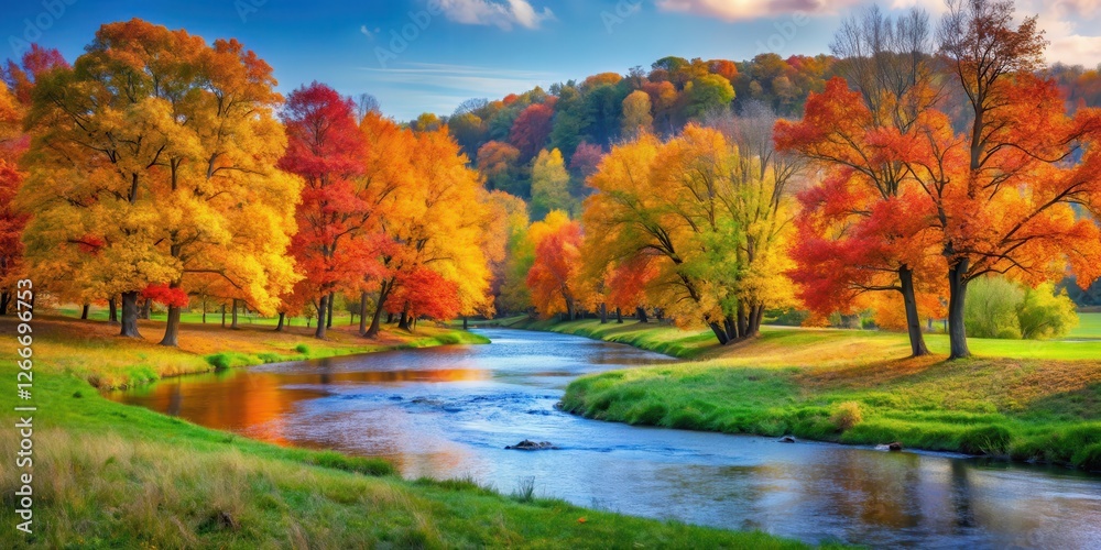 Colorful maples and oaks stand tall amidst a carpet of vibrant autumn colors against the tranquil backdrop of a gently flowing river with soft grassy banks, nature, landscape Colorful maples and oaks stand tall amidst a carpet of vibrant autumn colors against the tranquil backdrop of a gently flowing river with soft grassy banks, nature, landscape