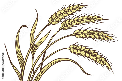  Golden wheat stalks, ripe grain ears, harvest season, organic cereal, agricultural bounty, natural textures, warm tones, detailed botanical illustration, white background, studio lighting, close-up