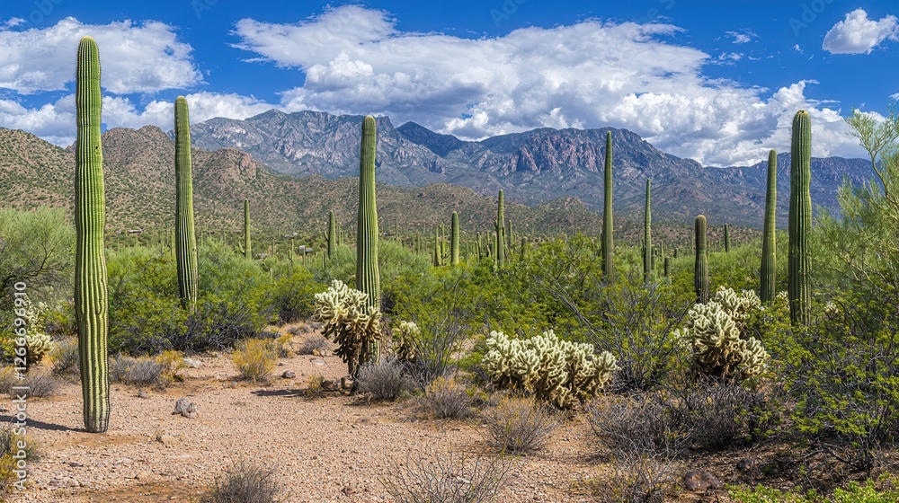 Obraz premium Majestic Desert Landscape with Giant Cacti and Mountain Range