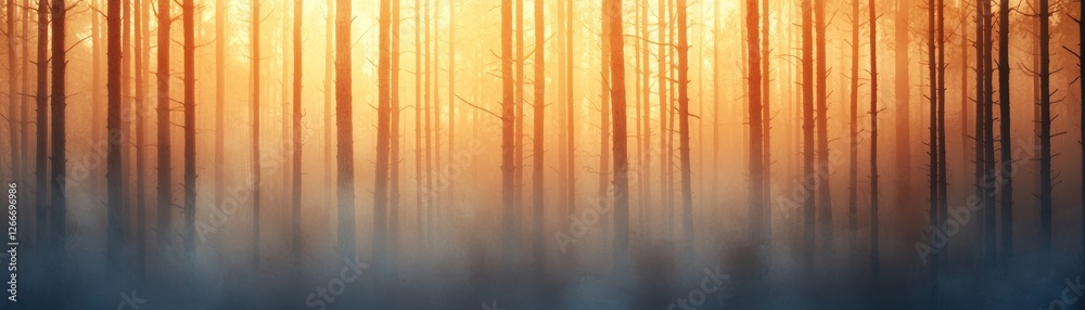 A serene forest scene with tall trees illuminated by warm sunlight, creating a tranquil atmosphere amidst soft mist. A serene forest scene with tall trees illuminated by warm sunlight, creating a tranquil atmosphere amidst soft mist.