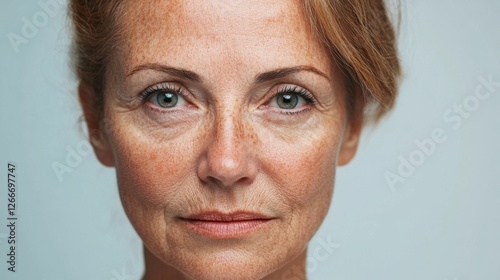 Before and after photos of a problematic face and healthy skin. Close Up Portrait of a Freckled Woman with Red Hair