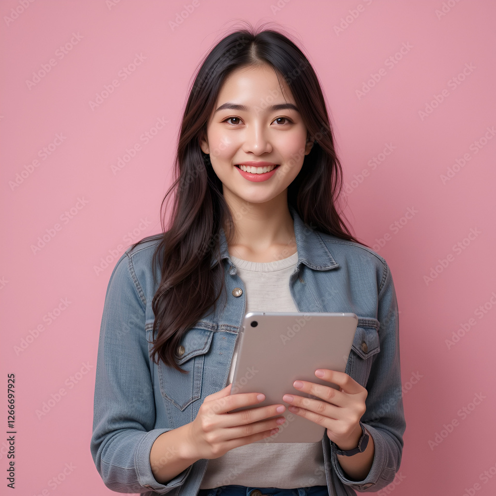 young woman holding a tablet computer on pink background young woman holding a tablet computer on pink background