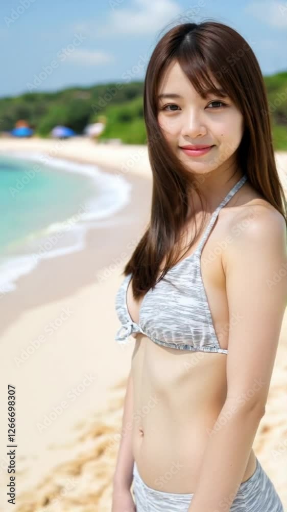 青い海を背景にした水着姿の女性
青い海を背景にした水着姿の女性