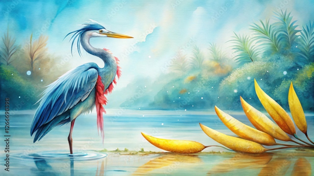 Fototapeta premium Serene Watercolor Painting of a Majestic Heron in a Tranquil Lakeside Setting with Vibrant Aquatic Plants