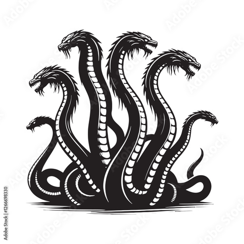 Artistic Hydra silhouette representing the many-headed beast - Hydra illustration - Hydra vector - mythical creature silhouette
