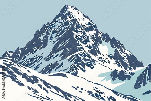   A photograph of a majestic mountain peak, taken from a low angle, with a clear, bright sky in the background. The peak is covered in snow and has jagged, rocky outcrops. The lighting is soft and na
