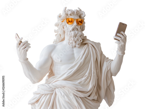 Isolated Statue of Greek God Taking Selfie with Gold Sunglasses