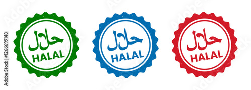 Halal food logo grunge effect stamp, red, blue, and green halal vector badge label icon. Halal food certified stamp, good food product sign — halal food sticker symbol, emblem, or tag signs.