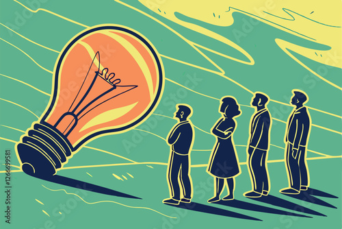  A digital painting with a surreal and abstract style, featuring a group of silhouetted figures standing in a row, facing a large, glowing light bulb that is emitting a bright yellow and orange ligh
