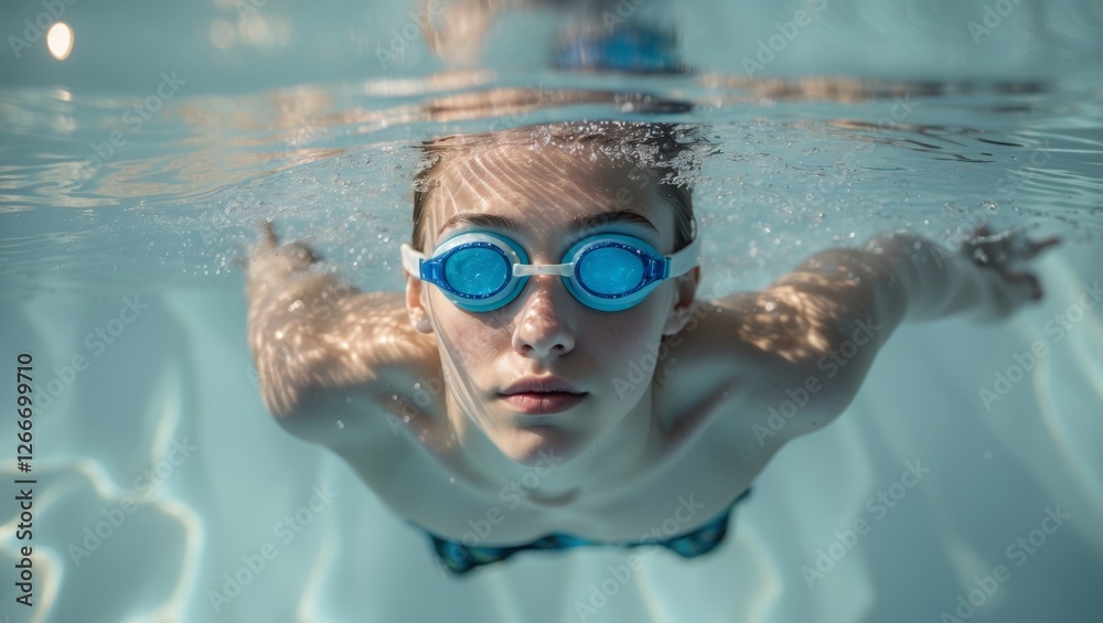 Fototapeta premium Young Swimmer with Blue Goggles Diving into Refreshing Pool Water