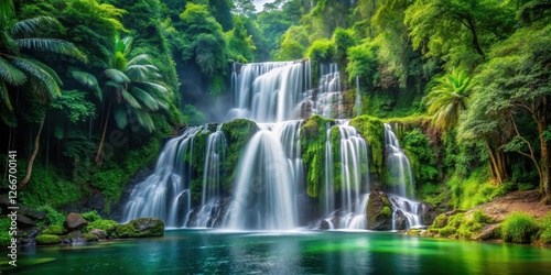 Powerful Waterfall in Forest, luscious green forest
