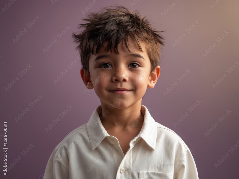 Male Child Wearing Canvas White Shirt Mockup at Purple Background. Male Child Wearing Canvas White Shirt Mockup at Purple Background.